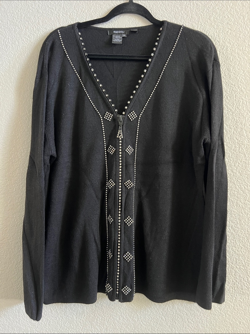 Radzoli Black Zip Front Cardigan with Rhinestone Trim Size 2X